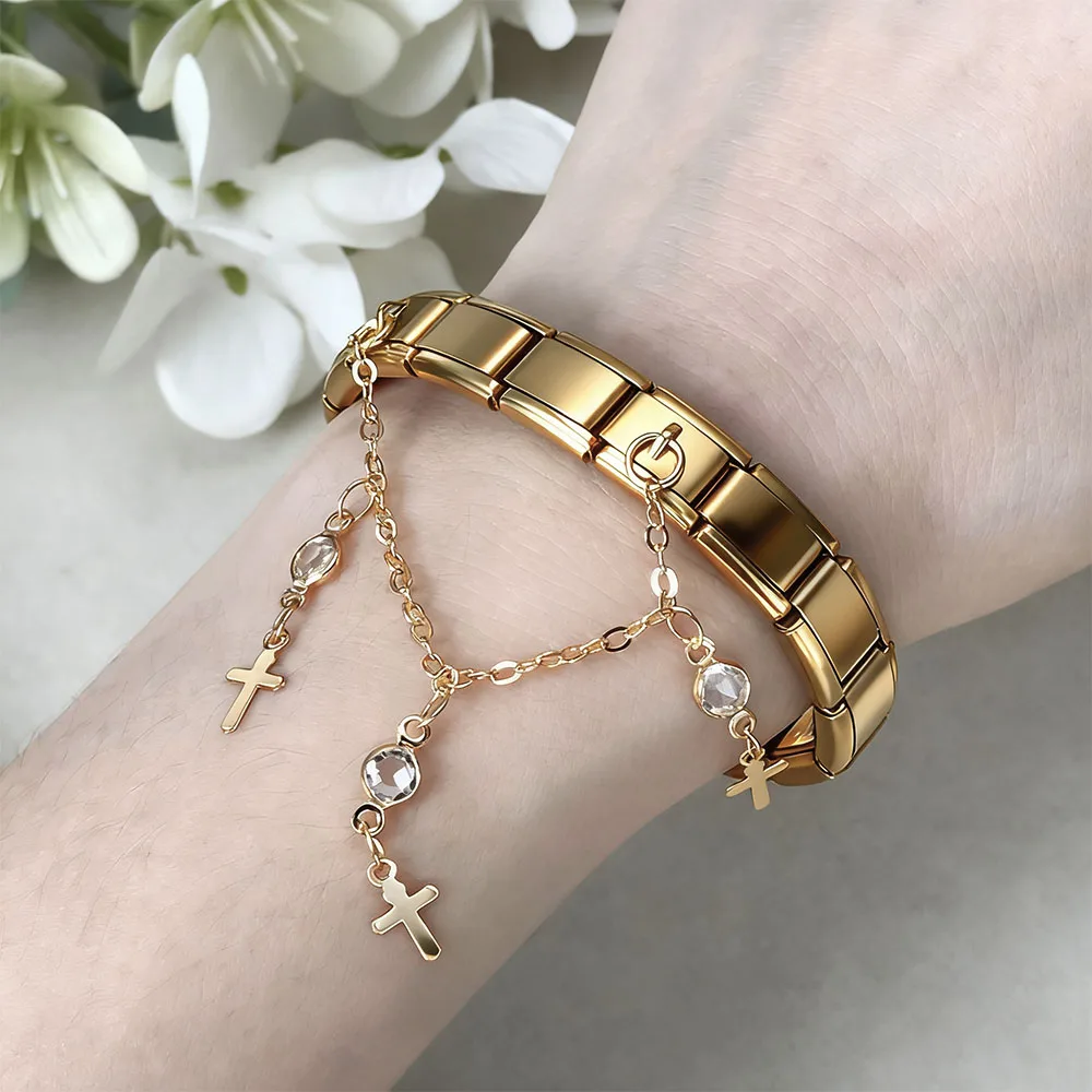 Fashion Double Hanging Chain Star Butterfly Cross Italian Charm Link fit 9mm Stainless Steel Bracelet DIY Beads Making Jewelry