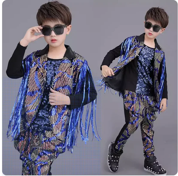 

Boys drum stage costume sequins hip-hop street dance fashion trend runway show
