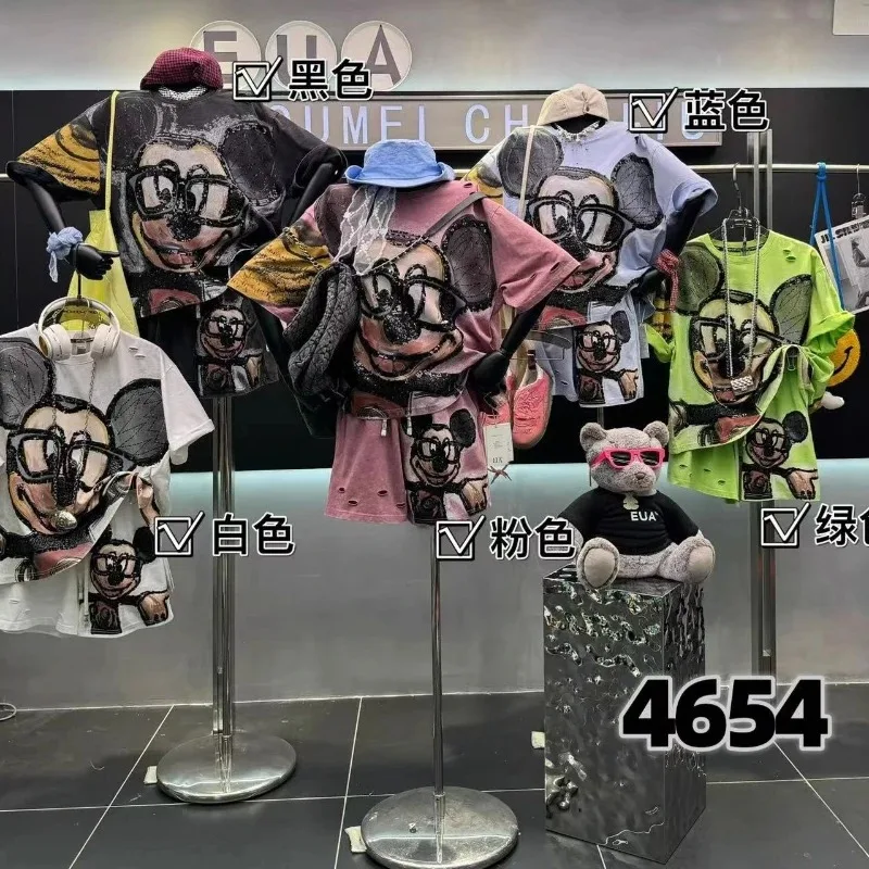 Heavy Industry Commute Style Cartoon Short-sleeved T-shirt Outfits Women's Loose Casual O-neck Top Tees Kawaii Short Pants Set