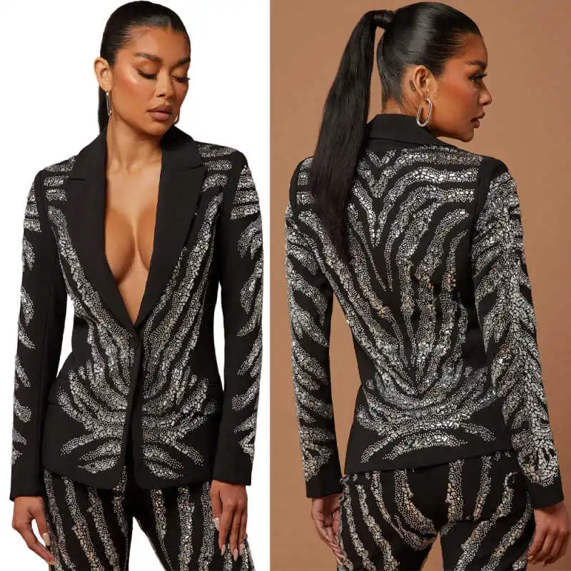 

Glitter Women's Suits 2 Pieces Jacket Pants Shawl Lapel Handmade Sequin Diamond Special Occasions Party Wear Customized