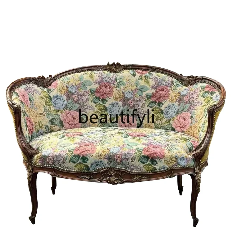 

French retro solid wood fabric double triple sofa chair pastoral carved leisure chair