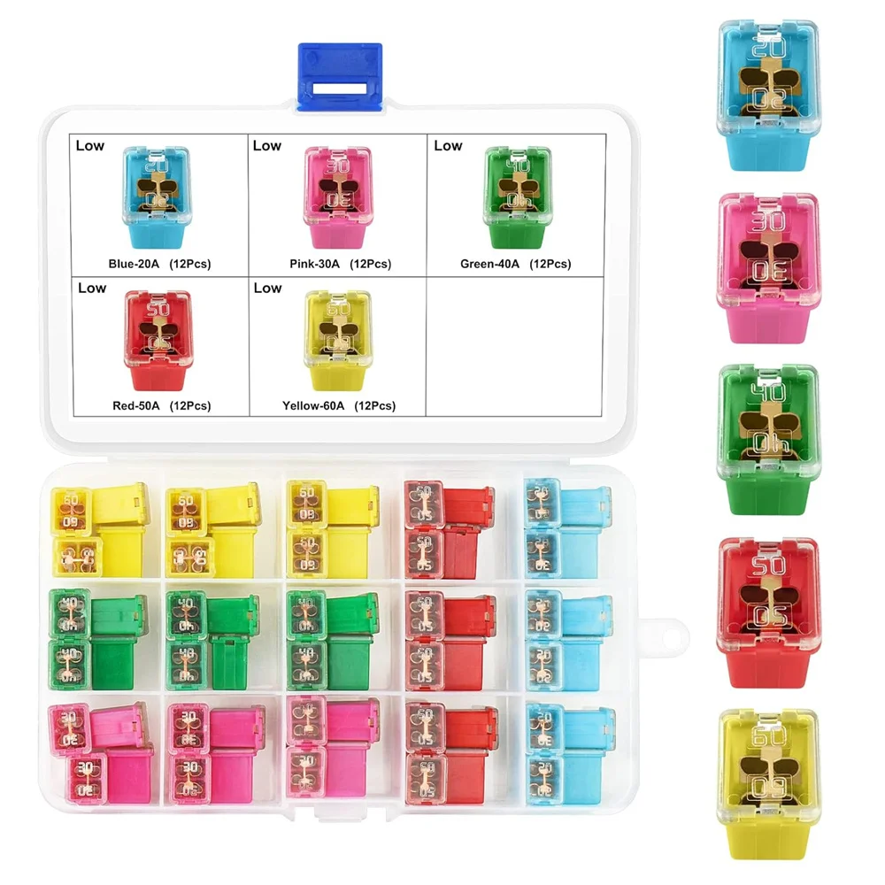 60PCS Automotive Low Profile Box Shaped Fuse Kit Square Fuse 20A 30A 40A 50A 60A  Cartridge Fuse for Boat, Truck, Cars and SUV