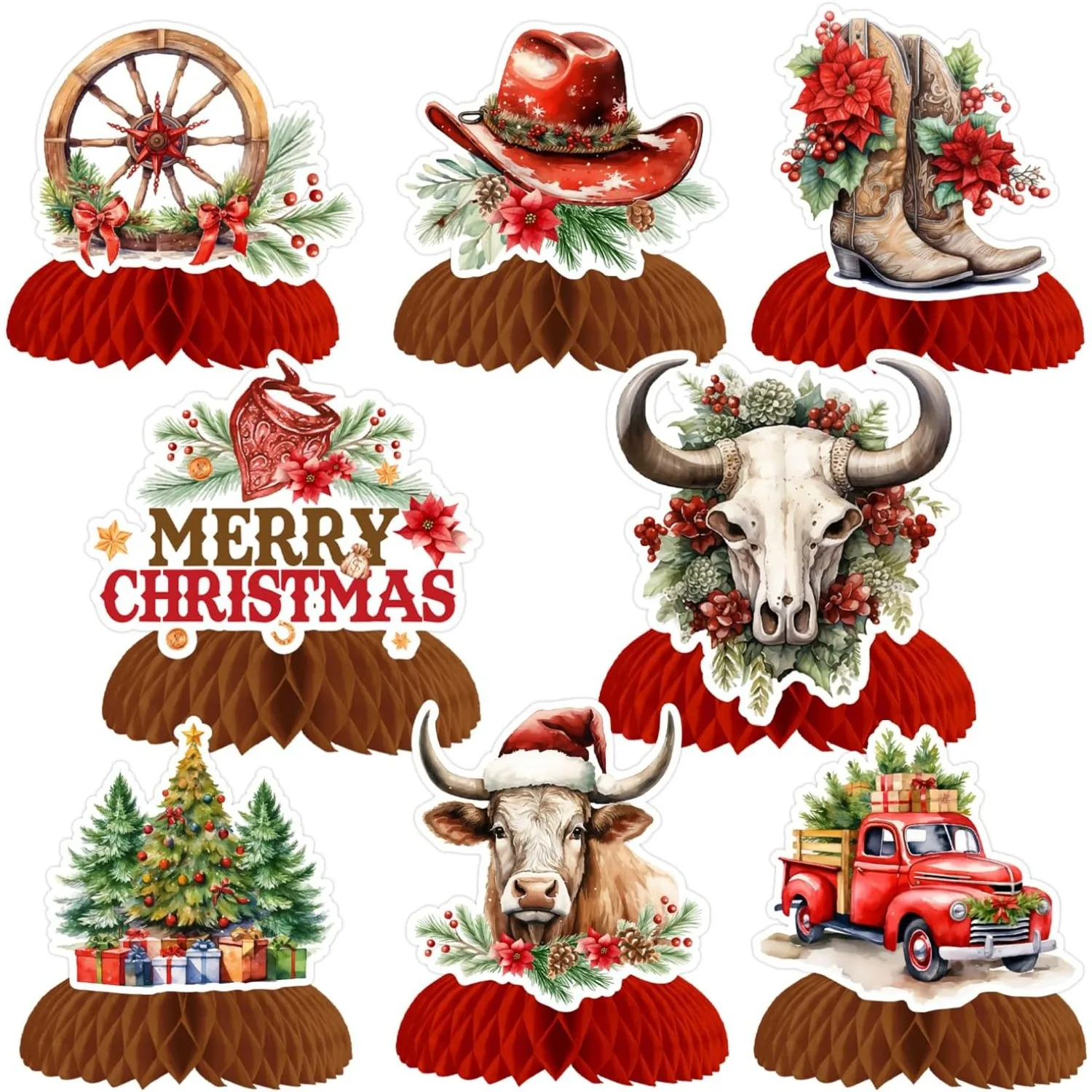 Fangleland Western Cowboy Christmas Honeycomb Centepieces Red Brown Pickup Truck Table Toppers Tree Boots Hat Party Decor Supply