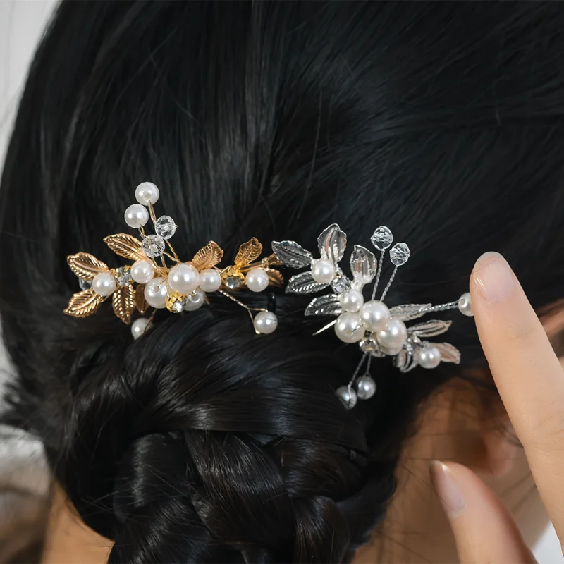 New Bridal Crystal Pearl Hairpins Hair Clips Wedding U-shaped Gold Leaf Pearl Hair Sticks Wedding Party Hair Accessories Jewelry