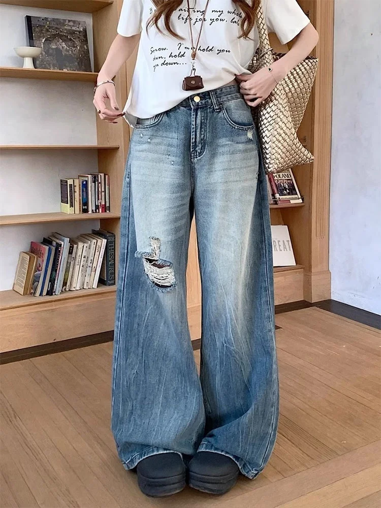 

Широкие джинсы с высокой талией, женские свободные джинсовые брюки с дырками, утягивающие брюки грушевого типа, осеннее новое поступление