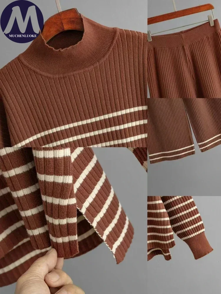 2 Piece Sets Women Outfit Autumn Winter Striped Half High Neck Knitted Sweater Top Suits Fashion Casual Loose Wide Leg Pant Sets