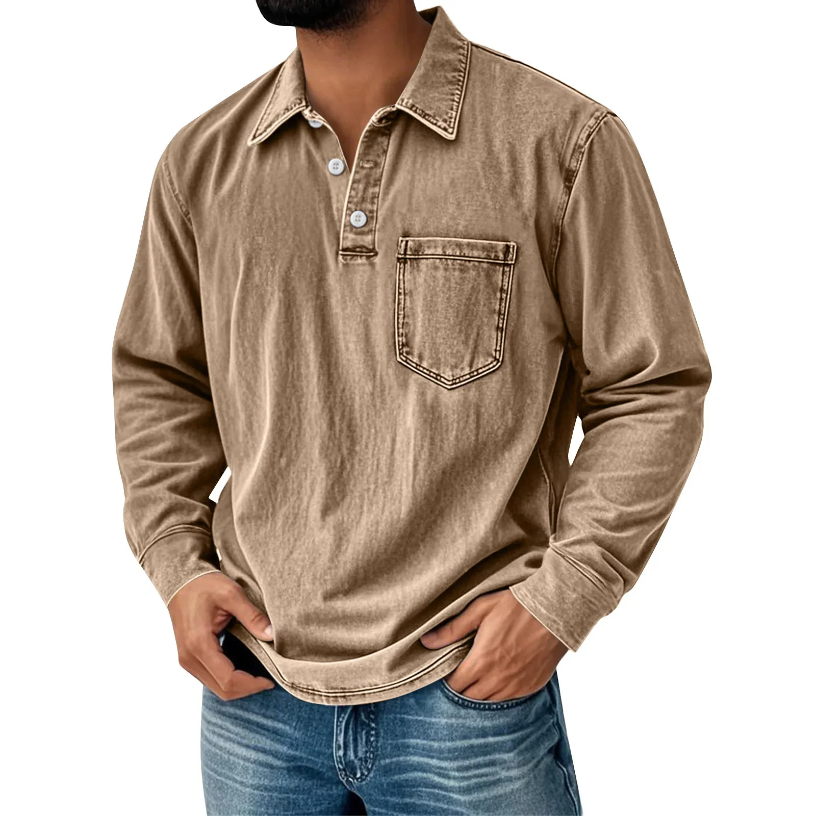 Denim Shirt Men Vintage Solid Shirts Buttons Turn Down Collar Full Sleeve Tops Y2k Streetwear Splice Work Pockets 2026 Autumn
