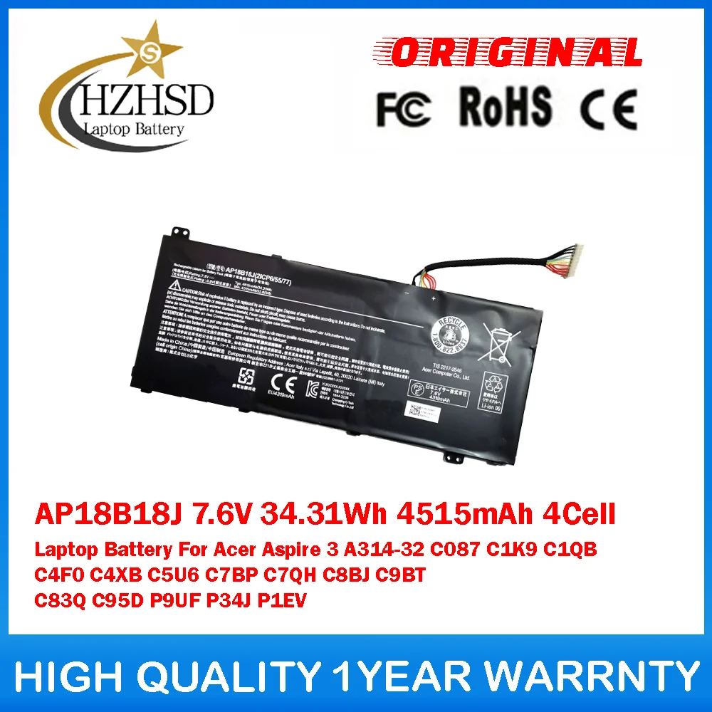 

AP18B18J 7.6V 34.31Wh 4515mAh 4Cell Laptop Battery For Acer Aspire 3 A314-32 C087 C1K9 C1QB C4F0 C4XB C5U6 C7BP C7QH C8BJ C9BT