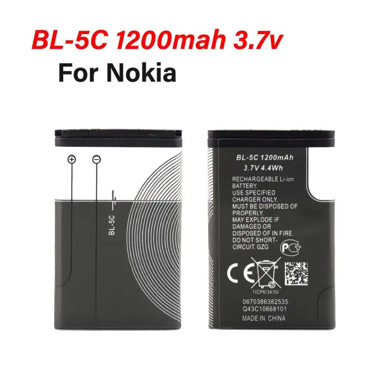 Baterias móveis recarregáveis para Nokia, bateria de lítio, BL-5C, DC, 3.7V, 1200mAh, Nokia 2112 2118 2255 2270 2280 2300 2600 2610 3125 N91