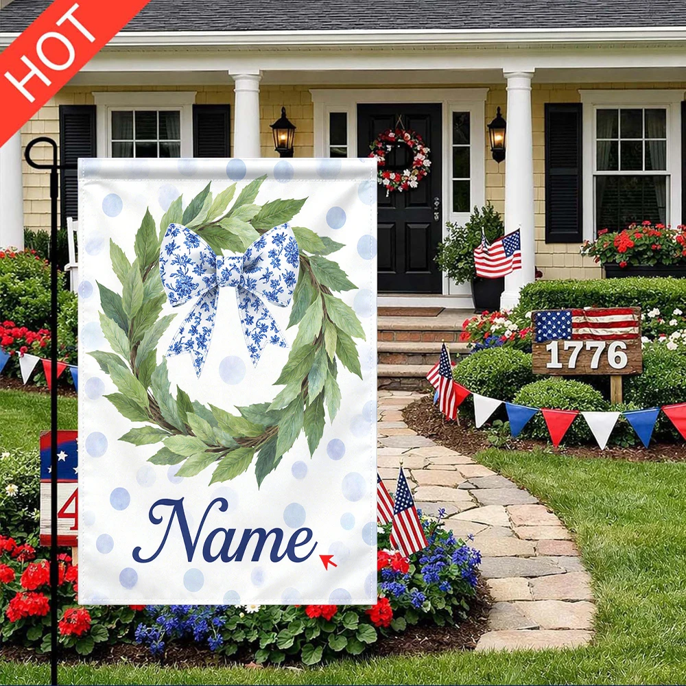

Personalized Blue Floral Bow Green Leaf Wreath Garden Flag Double Sided Print Without Flagpole Custom Name