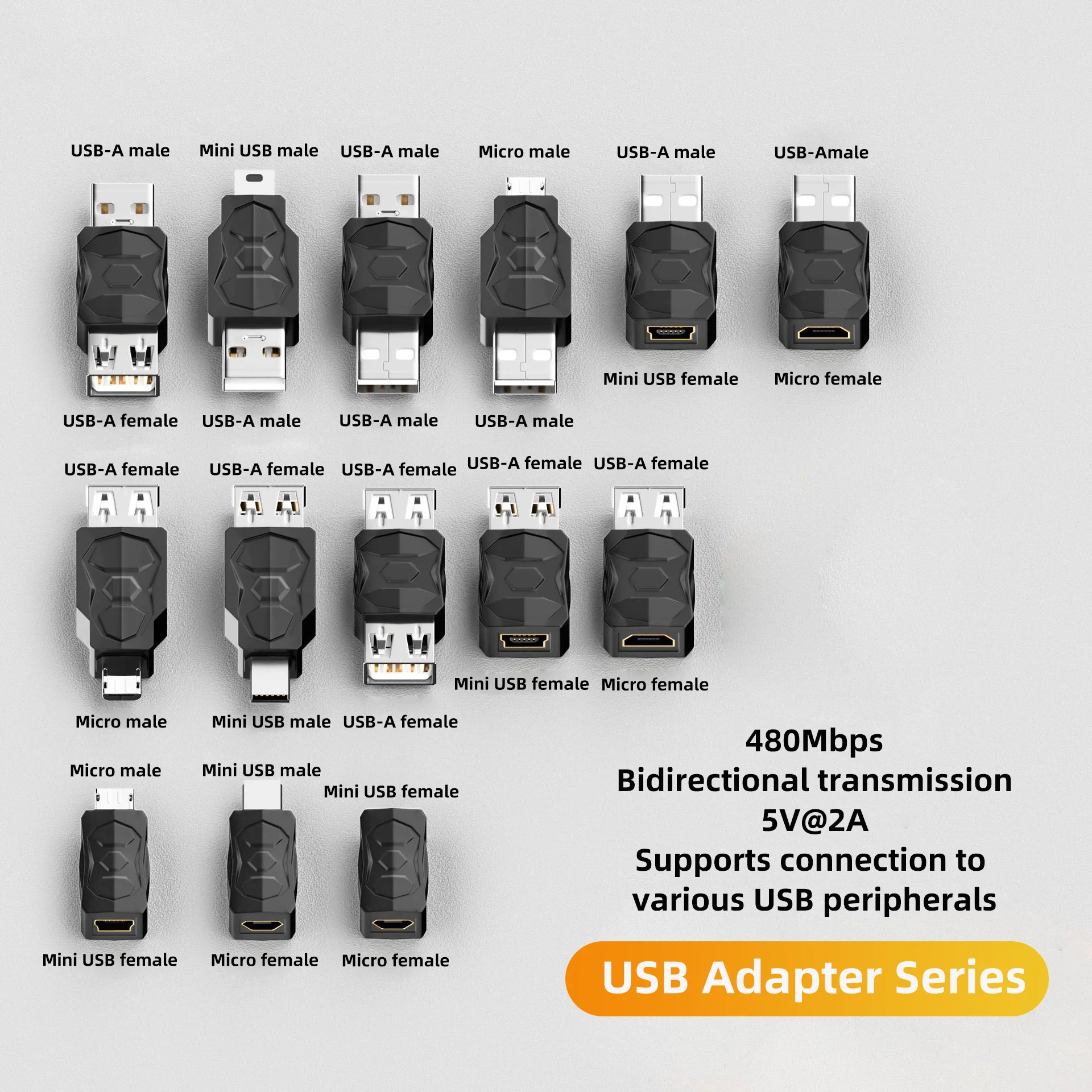 2pcs USB to Micro USB Mini USB Adapter Converter Usb Male to Female Converter 480Mbps Adaptable to Various USB Series Converters