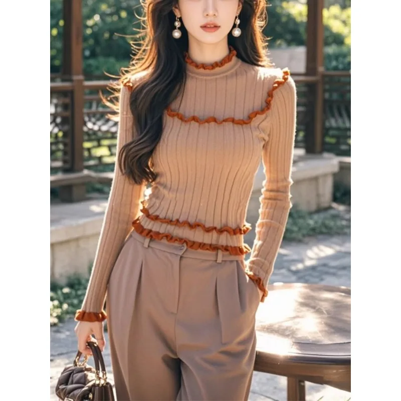 

Women's Clothing Autumn and Winter Contrast Color Long-sleeved Pullover Sweater Knitted Long-sleeved Bottoming Shirt Top