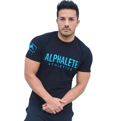 Men Running Sport Slim T-shirt Summer Cotton Black Tees Tops Gym Fitness Shirt Male Bodybuilding Short Sleeve Training Clothing