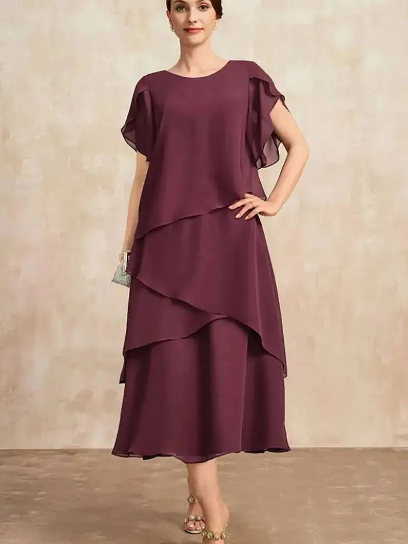 Abito da donna in chiffon manica corta elegante o-collo solido partito irregolare manica a petalo a strati moda estiva maxi abito KOT8
