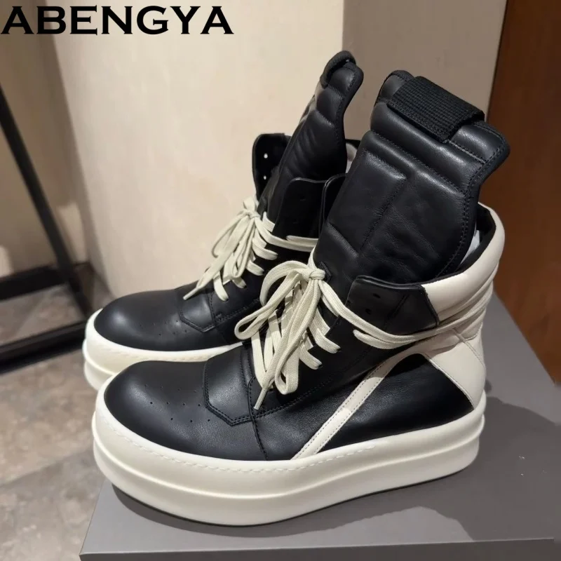 

Autumn Real Leather Platform Ankle Boots For Women Flat Shoes Men High Top Lace Up Women's Boots Thick Sole Casual Sneakers men