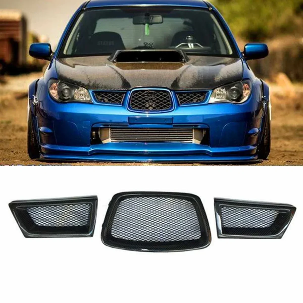 Black 3Pcs Carbon Fiber Car Front Lower Mesh Grill Grille for subaru Impreza WRX STi 9th 2006-2007 28012 Exterior Part Body Kit