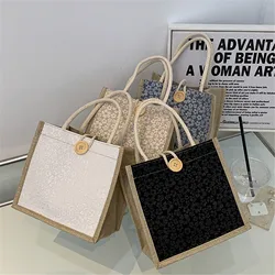 Linen Button Zipper Handbag Gift Packing Bag Flower Pattern Large Grocery Bag Women Beach Tote Portable Lunch Bag New Fashion