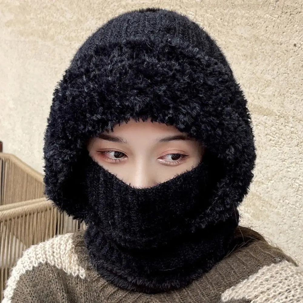 Simple Multi functional Balaclavas Hat Solid Color Plush Knitted Beanies Hat Windproof Thickened Mask Neck Cover Set Winter