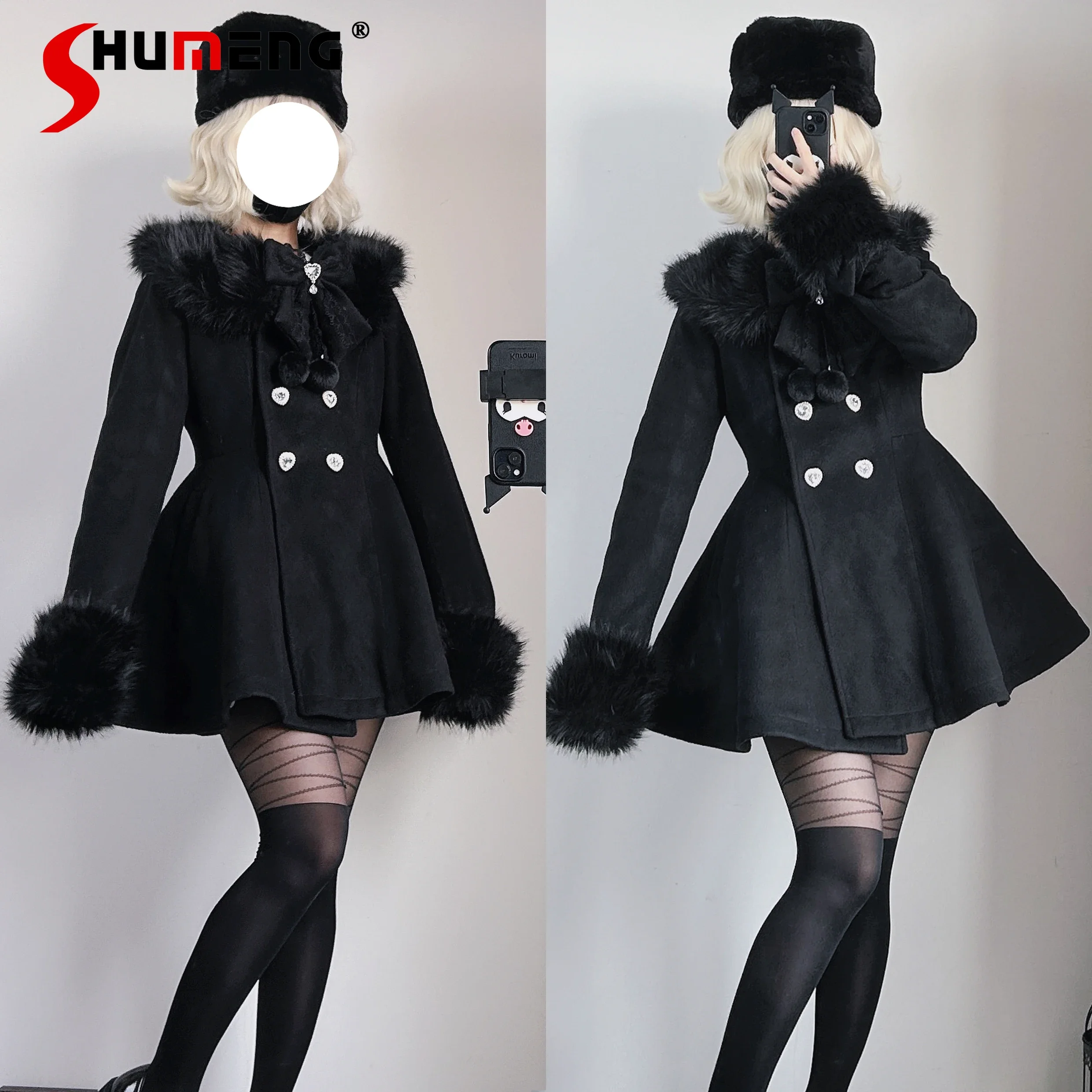 Original Japan Style Mine Mass-produced Removable Fur Collar Woolen Coat Women's Slim Love Double-breasted Bow Overcoat Winter