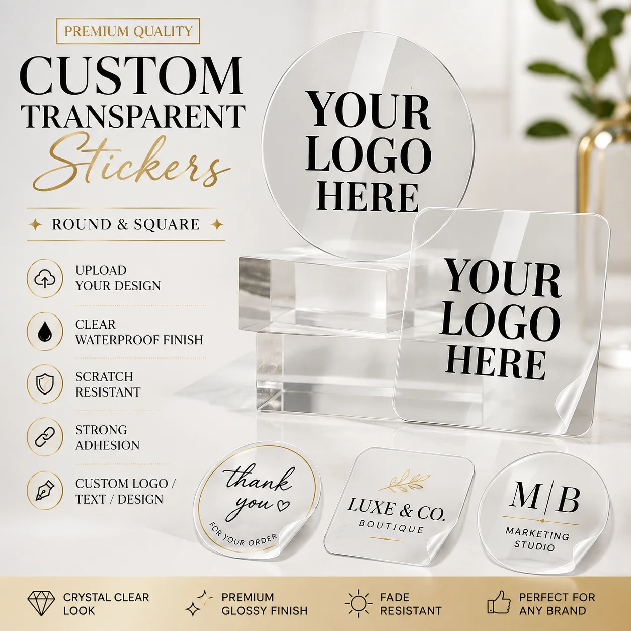 Custom Transparent Trademark Stickers, Personalized Round and Square Waterproof Labels, Suitable for Commercial Packaging, Gifts, Bottles, Cups, Etc