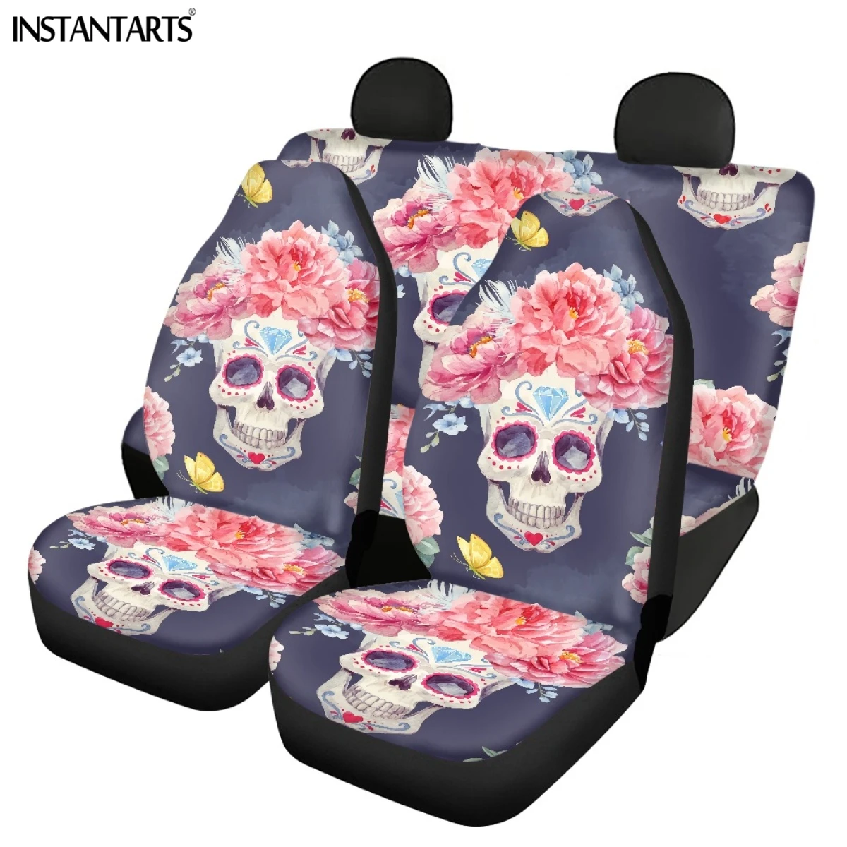 INSTANTARTS Floral Sugar Skull Print Auto Seat Covers Set Stain Resistant Cushion Beautiful Fashion Trim Mats for Most Vehicle