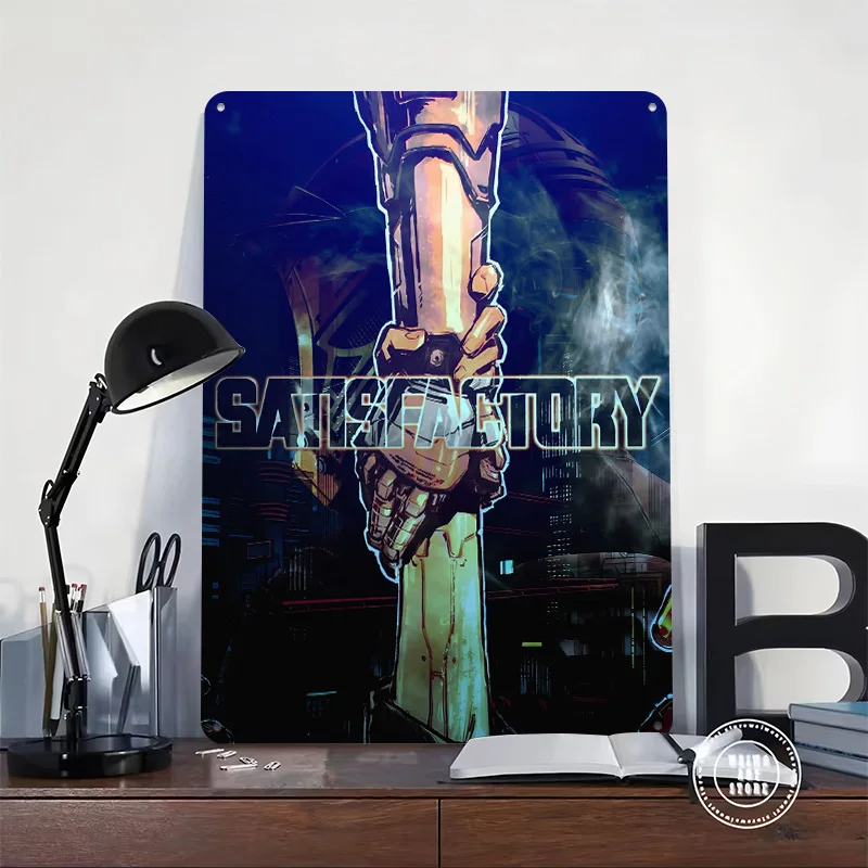 Satisfactory Game Helping Hand Poster Customized Vintage Metal Signs Wall Art Retro Tin Plaque for Mancave Bedroom Decoration