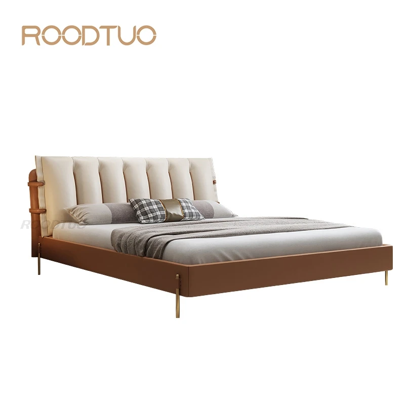 

Кожаная двойная кровать в итальянском стиле, мебель для спальни из массива дерева, кровать большого размера для большой квартиры, дизайнерская Простая кровать для пары