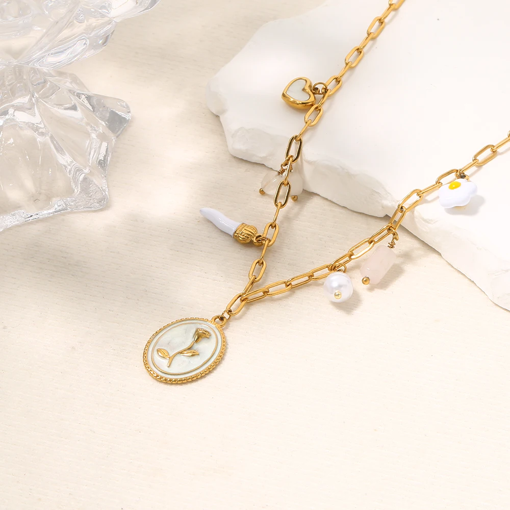 SOVOB خمر أبيض وأسود روز تنقش البيضاوي قلادة القلائد للمرأة الأنيقة الخريف اليومية مجوهرات اكسسوارات #4