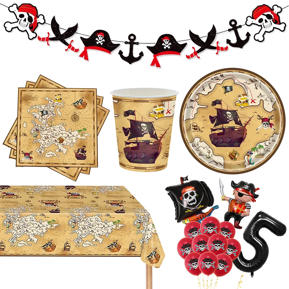 Pirate party Plates Cups napkin balloon Banner Pirate Treasure Hunting themed plates cups Kids Pirate Birthday Party Decoration