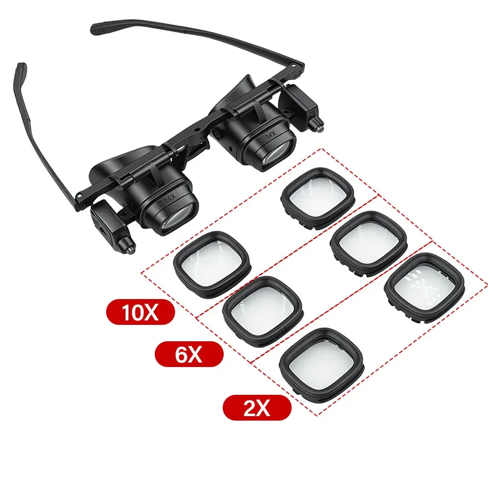 Uhrenreparatur-Lupe, Kopfmontierte Vergrößerungsgläser mit LED-Leuchten, Hochauflösend, Tragbar, Verstellbar, 2X 6X 10X 24X – Detail 10