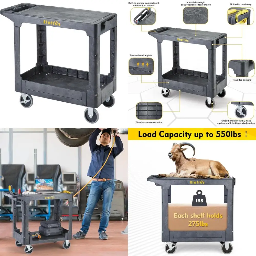 عربة أدوات بلاستيكية قوية بطبقتين، سطح مسطح 37 × 18.8، عجلات دوارة وثابتة، سعة 550 رطل، عربة بريد، رمادي #1
