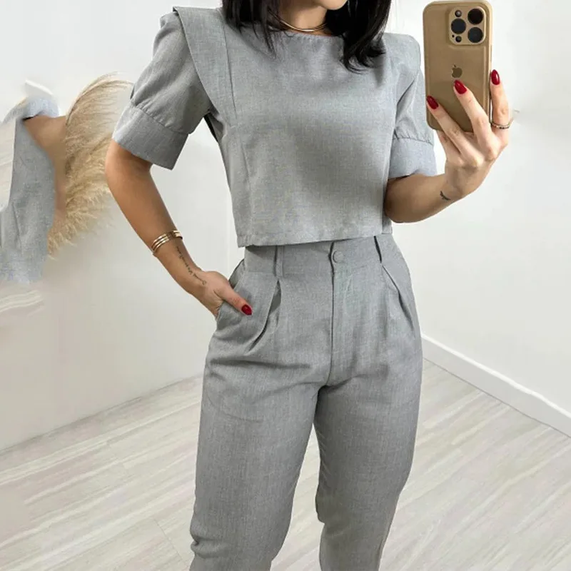 Two Piece Sets Women Pants Set Casual Slim Fit Light Gray Round Neck Short Sleeve High Waist Straight Long Pants Elegant Splice