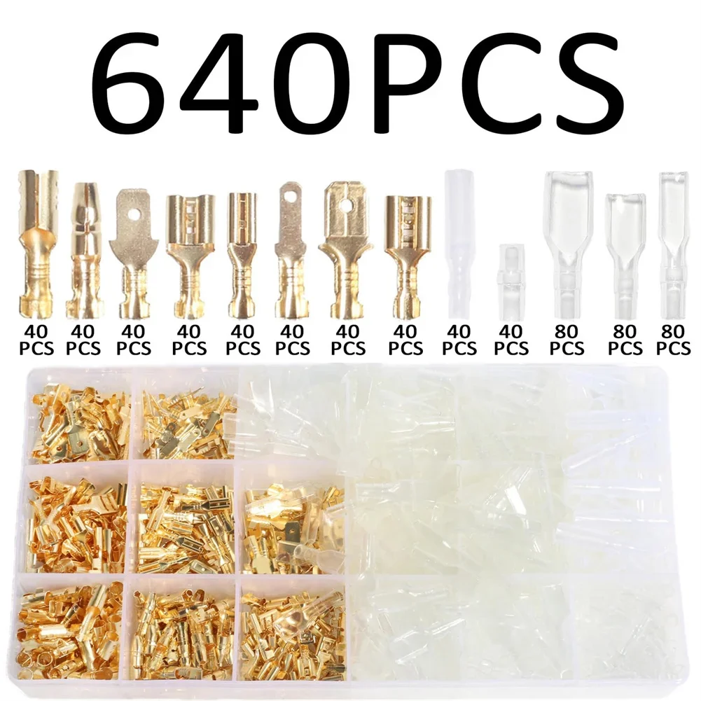 

640 шт. Мужской и женский разъем в форме лопаты, клеммы для проводов, комплект устройств для обжима проводов с храповым механизмом AWG 24-16 (0,25-1,5 мм 2)