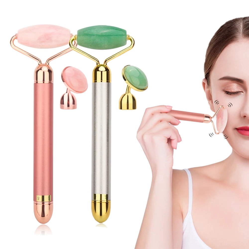 

Beauty Wand Face Massager Electric Vibrating Rose Quartz Aventurine Jade 3D Roller Face Lifting Body Facial Gua Sha Jade Roller