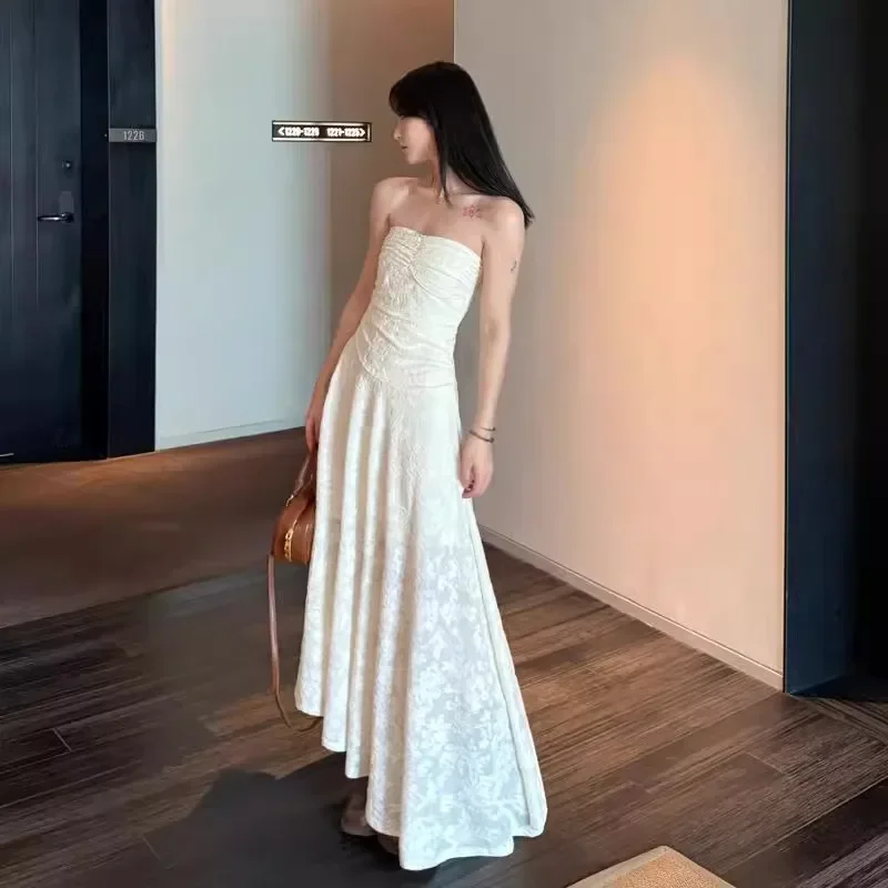 

Beige Relief Strapless Long Dress For Women In Spring And Summer, Pleated And Luxurious, Unique And Slim Fit Dress