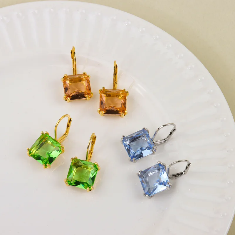 Square Cut Cubic Zirconia Leverback Earrings Multicolor Large Square Stone Gold Silver Tone Ear Jewelry For Women Daily Wear