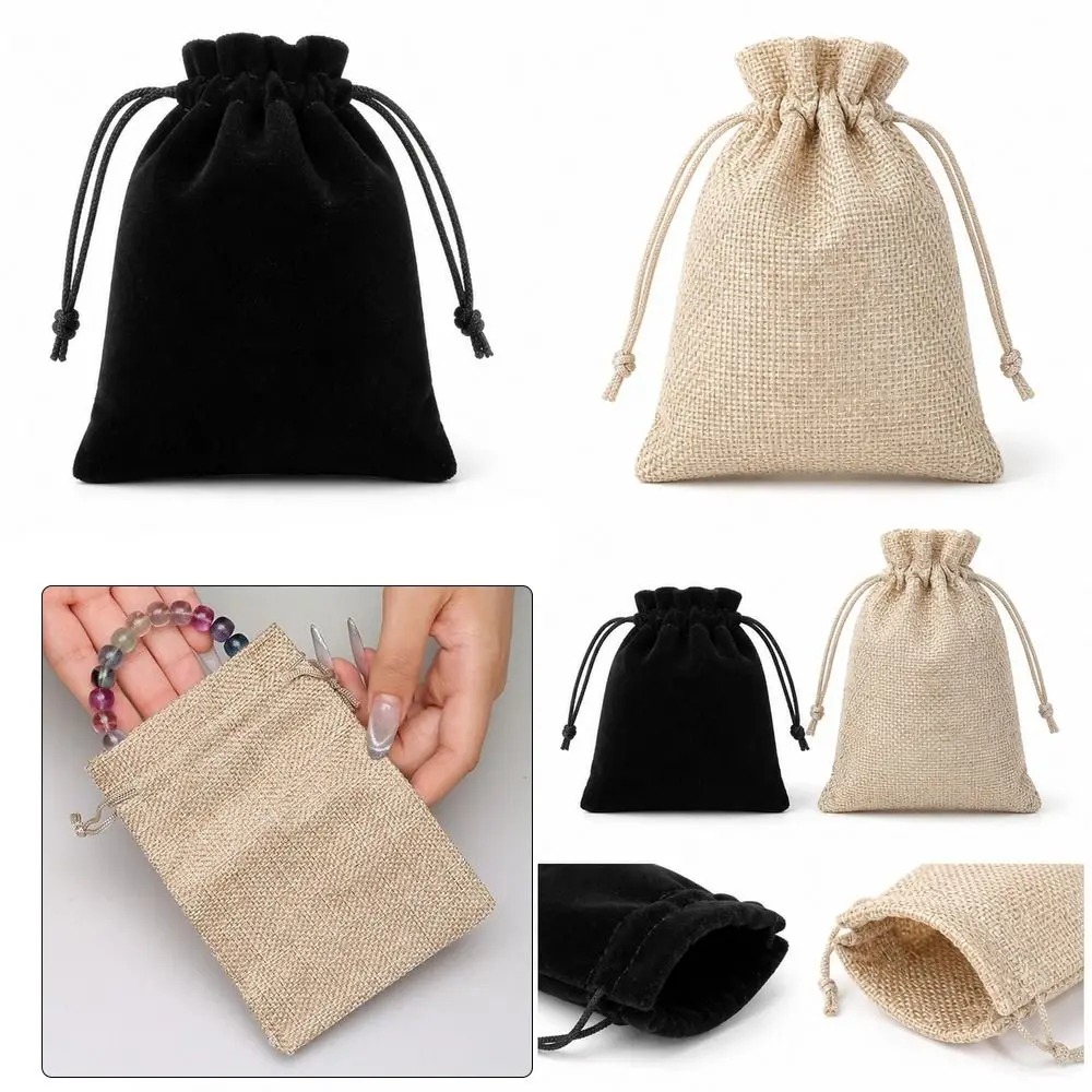 Velvet Jewelry Drawstring Pouches Burlap Soft Interior Velvet Jewelry Pouches Portable Drawstring Closure