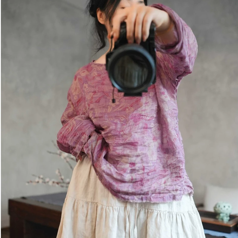 

Женские винтажные футболки из рами с принтом, 100% рами, тонкие топы свободного кроя, высококачественные футболки с круглым вырезом и длинным рукавом, весна-лето 2026