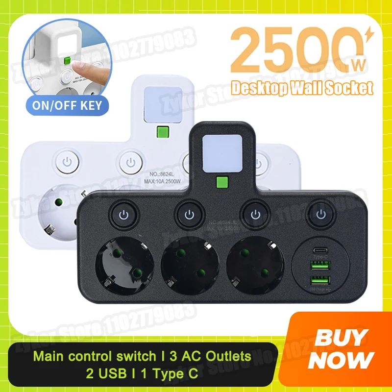Desktop EU Plug Power Strip with 3 AC Outlets + 2 USB Ports + 1 Type C, 6-in-1 Plug Socket Adapter Wall Charger for Home Office