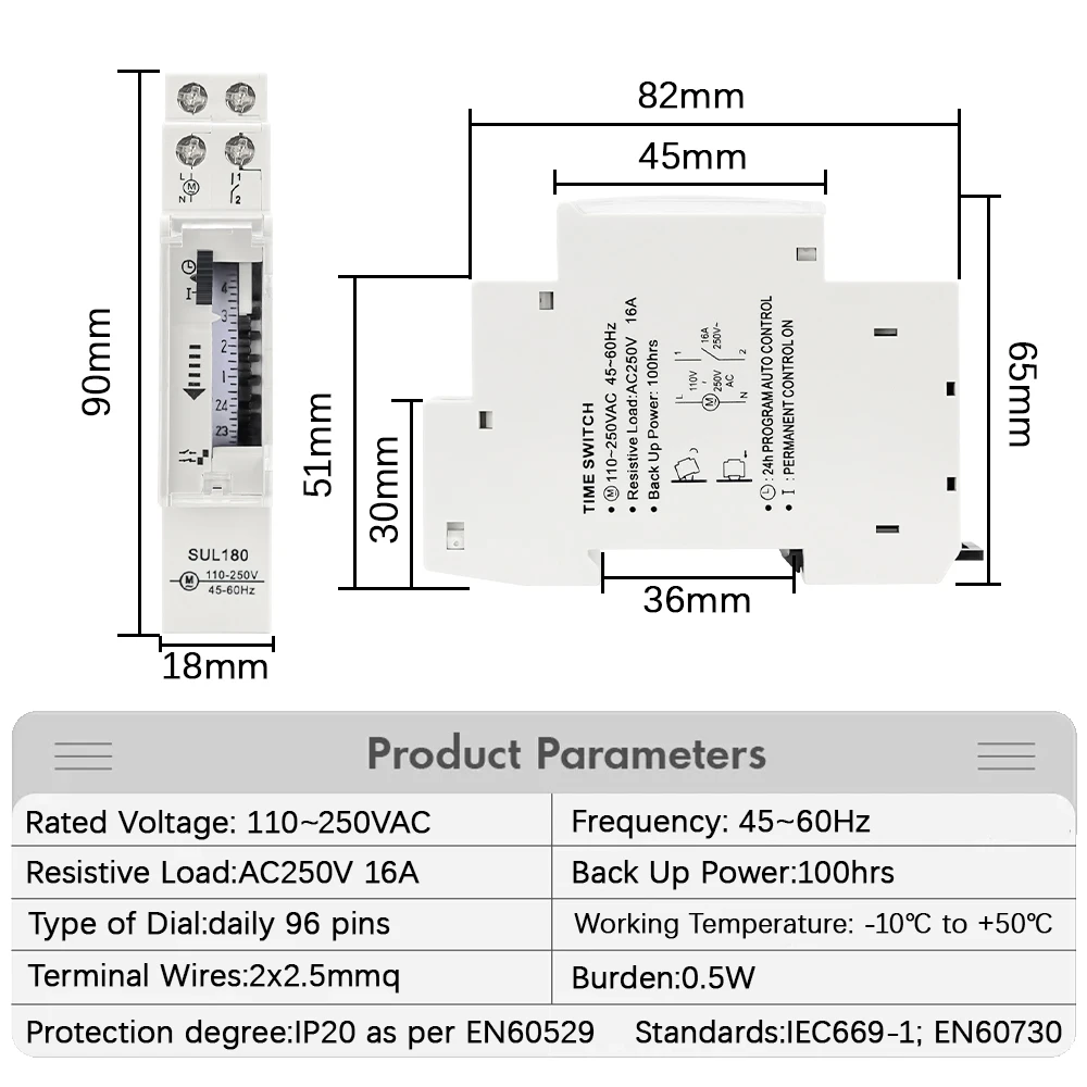 SUL180 Timer Switch 24 Hours Relay Analogues Electrical Programmable Timer 220V 16A Din Rail 15 Minutes Mechanical Timer Switch