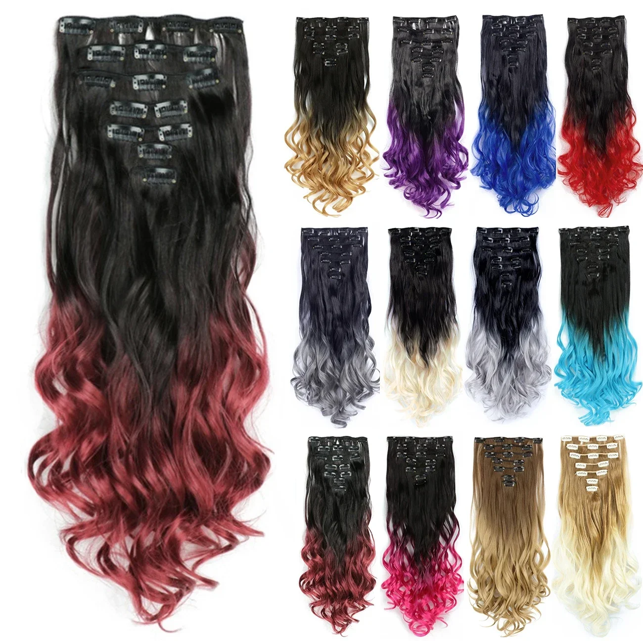 

Curly Synthetic Ombre Burgundy Clip in Hair Extensions Full Head Hair Pieces for Women Rainbow Natural Hair