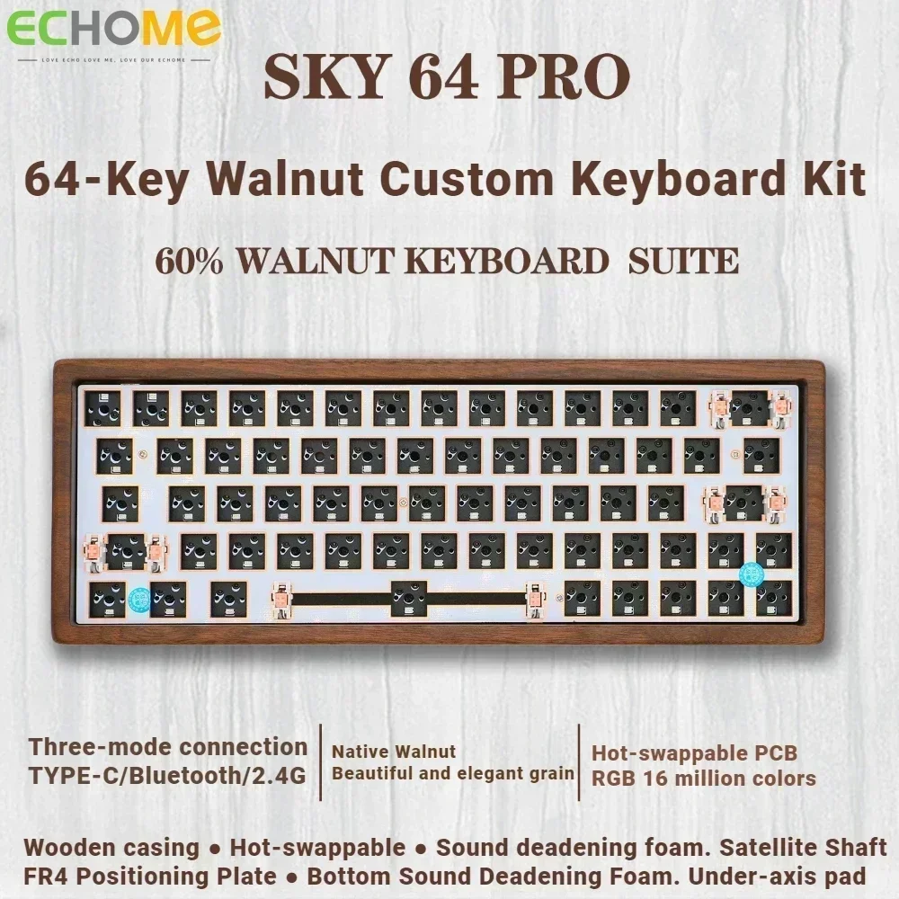 Walnut Mechanical Keyboard Kit 64/61/68 Wireless Tri-mode Bluetooth Hot-swap RGB Gasket Customized Wooden Gaming Keyboard Gifts