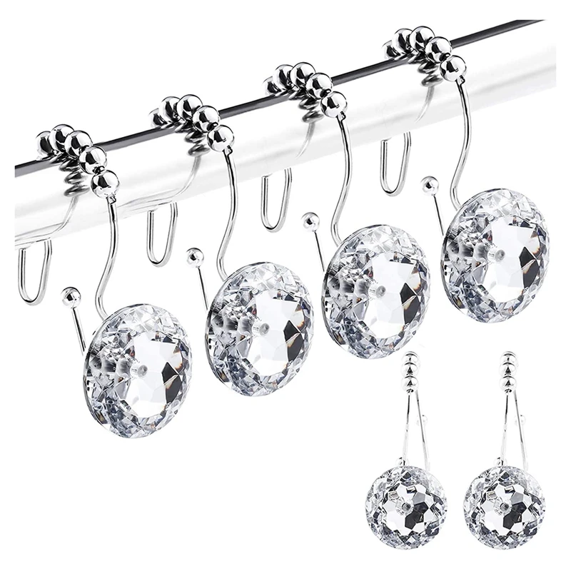 12PCS/Set Shower Curtain Hooks For Bathroom Stainless Steel Shower Ring Hangs Round Crystal Hook For Curtains