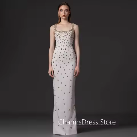 Fashion Evening Dress Customized Square Neck Sleeveless Gold Crystal Stone Back Slit Dancing Party Gown Prom Dresse