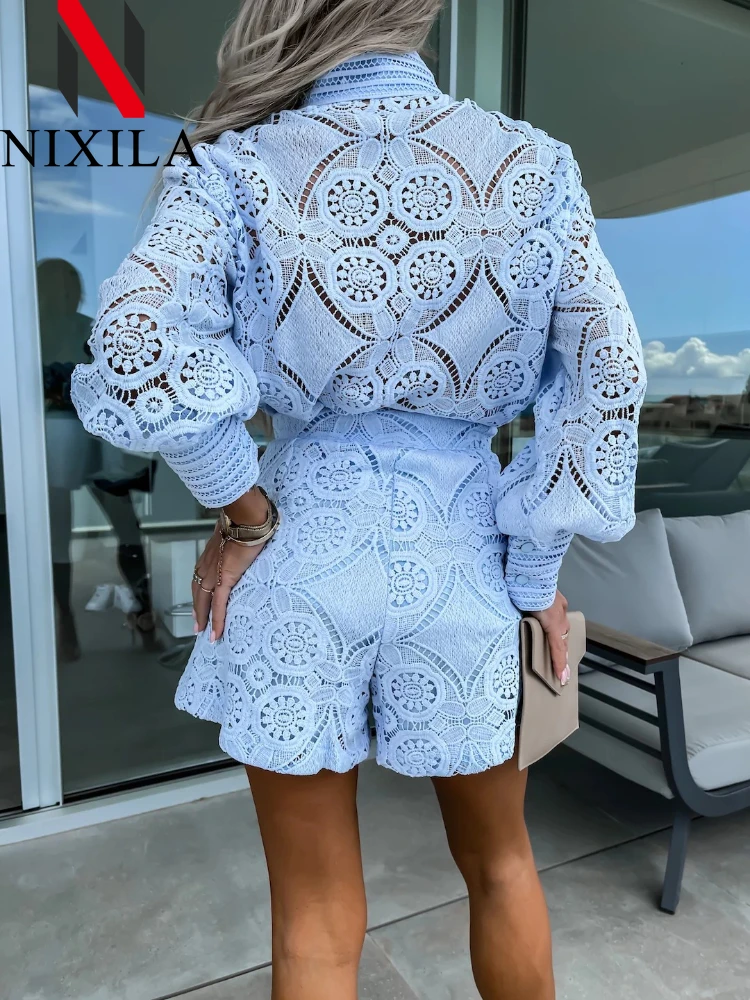 New Summer Women Shorts Sets Hook Flower Hollow Lace Long Sleeve Tops Shirts Wide Leg Shorts Elegant 2 Piece Sets Womens Outfits