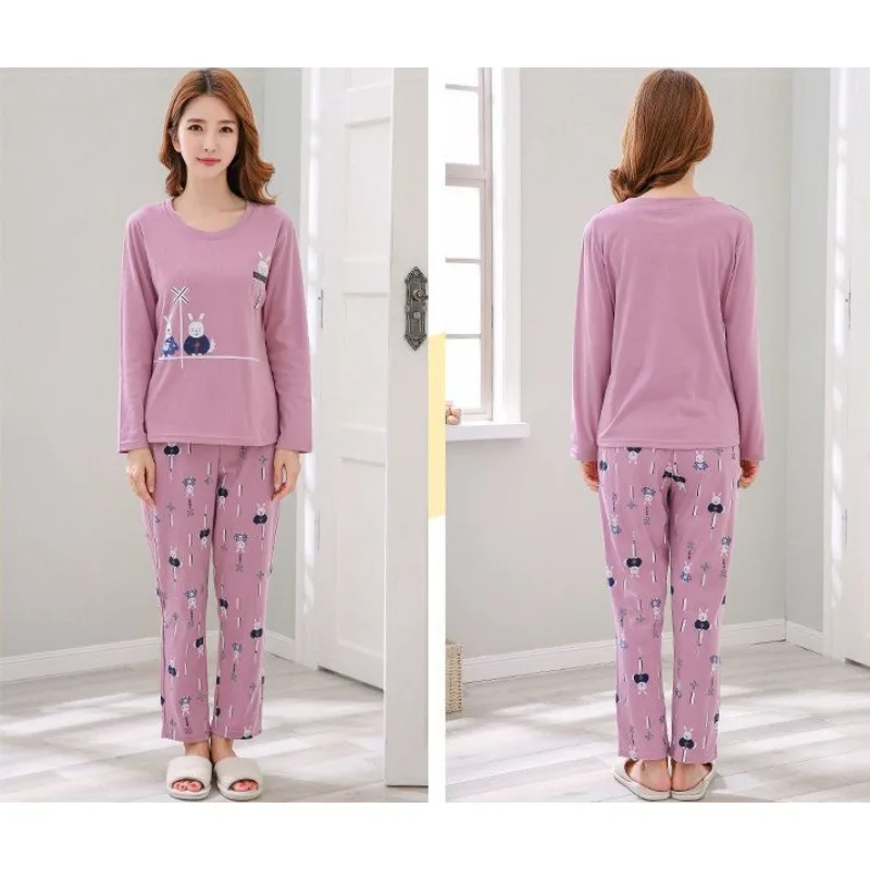2024 New Cotton Pajamas Women Long-sleeved Trousers Suit Loose Plus Size Spring Summer Thin Home Clothes