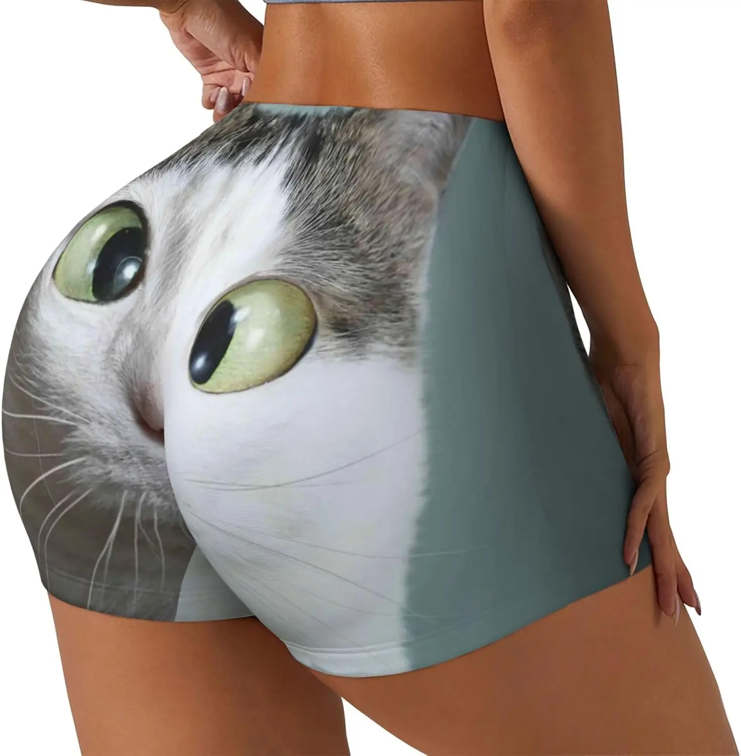 面白い猫プリントショーツ女性用おなかコントロールハイエクササイズワークアウトバットリフティングタイツ女性用ショートパンツ
