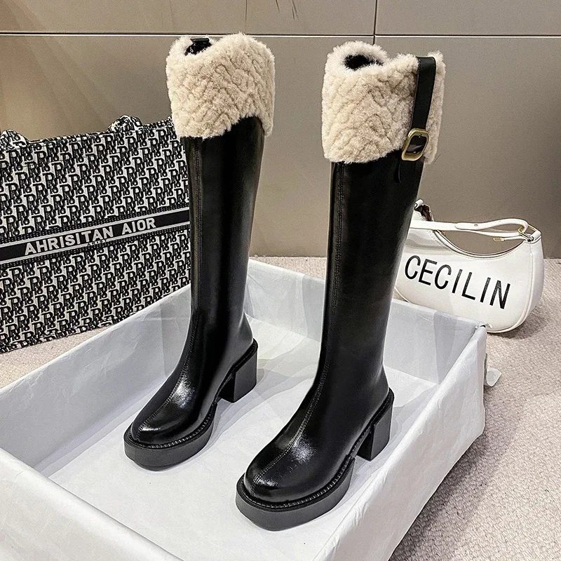 

Winter Knee High Brown Long Boots Comfort Square Heel Zip Belt Buckle Platform Women Boots Plush Edge Warm Gothic Black Shoes