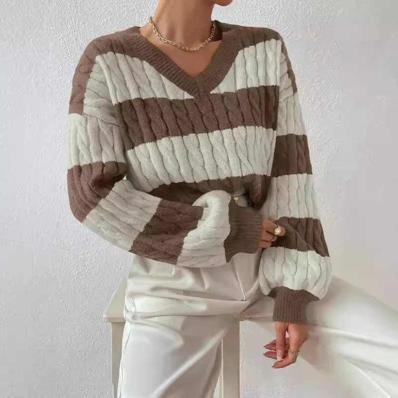 

Autumn Winter Women Knitted Pullover Sweater Basic Soft Ladies Jacquard Woolen Vintage Striped Color Blocks Long Sleeve Jumpers