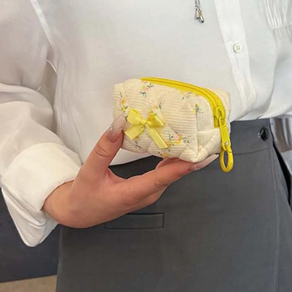 Embroidered Bowknot Mini Makeup Bag Floral Print Quilted Lattice Earphone Storage Case Zipper Closure Soft Cotton